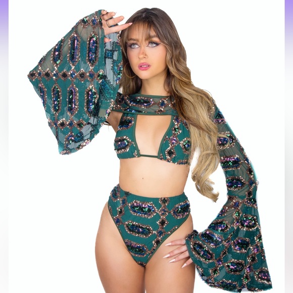 The Lumi Shop emerald jade goddess sequin tops in size small. - Picture 2 of 4